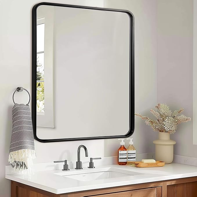 ANDY STAR 40X32 Inch Black Bathroom Mirror, Black Bathroom Vanity Mirrors for Wall, Rounded Rectangle Mirror for Bathroom, Seamless Tube Metal Frame, 1’’ Deep Wall Mounted Vertical/Horizontal