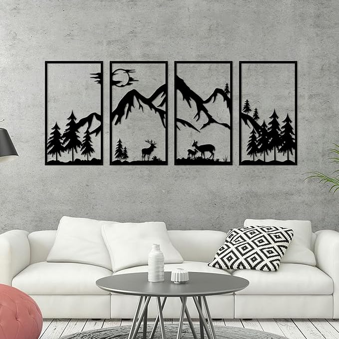 4 Pcs Mountain Scene Metal Wall Decor, Black Line Drawing Wall Art, Abstract Minimalist Rustic Nature Home Wall Art Sculpture for Garden Home Decor