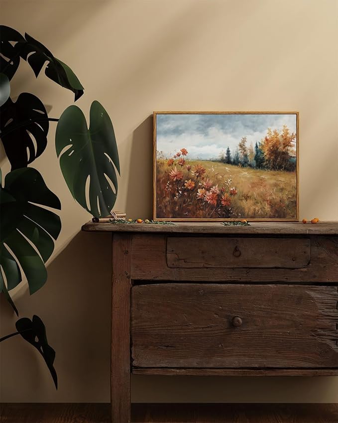 KISSFOX Vintage Fall Countryside Framed Wall Art Autumn Wildflower Forest Landscape Canvas Art Farmhouse Floral Golden Fields Paintings Artwork Rustic Serene Art Prints For Kitchen Living room Bedroom
