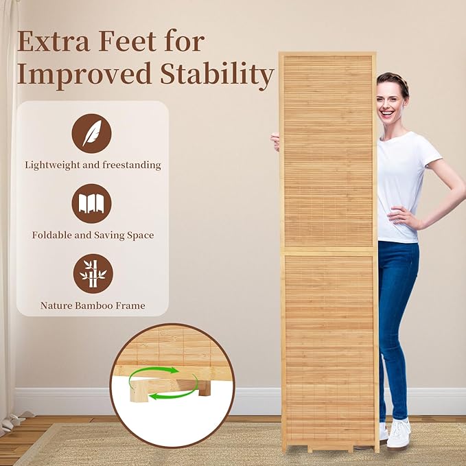 Bamboo Room Divider 8 Panel Wall Divider, 142'' W x 67'' H Folding Design with Extra Stable Base, 100% Bamboo Room Divider Screen for Room Separation, Chinese Room Partitions and Dividers Freestanding