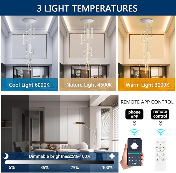 12-Lights Chandelier LED Dimmable Chandeliers for Entryway Flush Mount Ceiling Pendant Light Fixture Crystal Chandeliers for Living Room Chrome Finished Lighting Modern High Ceiling Chandelier