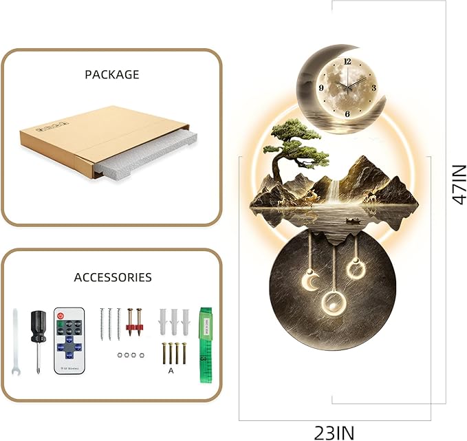 LED Light Art Wall Decor, 3D Art Wall Decor Clock, Decor Wall Sculptures with Lights, Modern Home Decor Landscape Wall Sculpture, Plug-in Power Supply, Gold D, 23x47IN