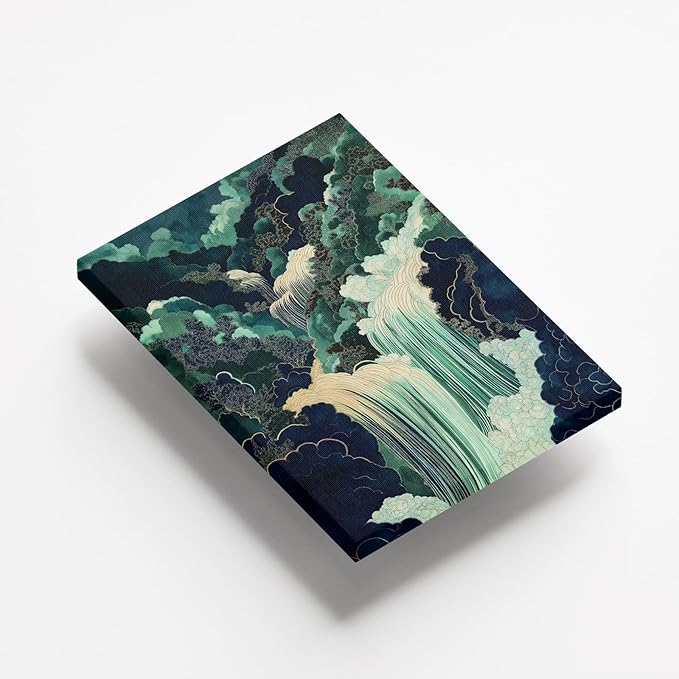 Mountain River Wall Art Japanese Waterfall Painting Abstract Forest Art Poster Blue And Green Abstract Canvas Japanese Style Print Blue And Green Landscape Wall Art Waterfall Artwork 16x24in Framed