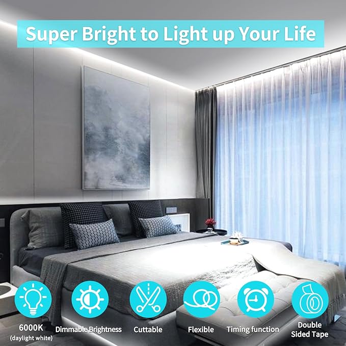 COB LED Strip Lights 32.8ft,6000K DC 24V Dimmable White Flexible LED Rope Lights for Bedroom,with Remote and app Control LED Lights Strip for Living Room, Shelf, Cabinet