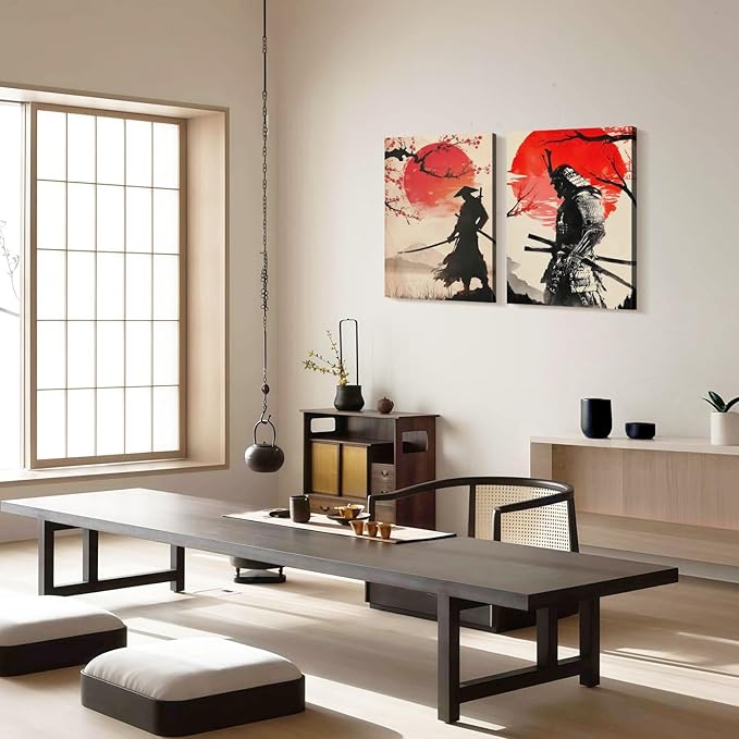 2Pcs Framed Japanese Warrior Canvas Wall Art Samurai Poster Prints Traditional Bushido Artwork Gallery Quality Wall Decor Living Room Bedroom Office Apartment 16X24 Inch Ready to Hang