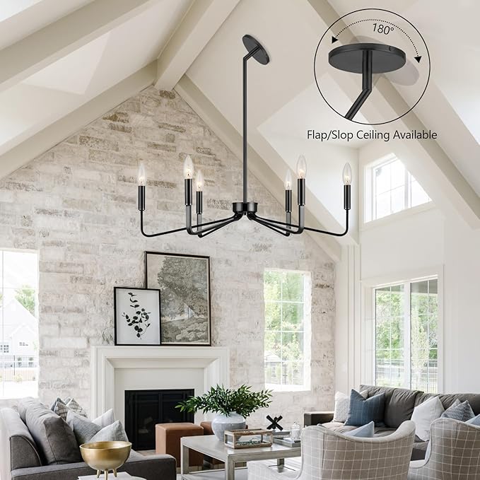 Black Chandelier for Dining Room, 6-Light Farmhouse Kitchen Light Fixtures Over Table, 26" Rustic Candle Chandelier for Bedroom, Foyer, Hall, Living Room, Entryway