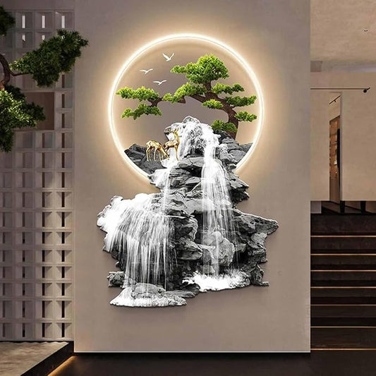 3D Oriental Waterfall Wall Art with LED Light,Oriental Welcoming Pine Landscape for Living Room Office Decor,Modern Art Wall Decor Sculptures, Plug-in Power Supply, Remote Control（50 * 75cm）