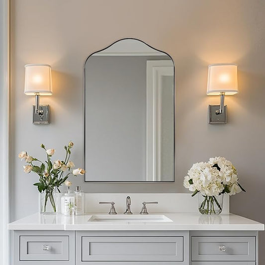 ANDY STAR Scalloped Arched Mirror, 22x35 Polished Chrome Irregular Bathroom Mirror for Vanity, Asymmetrical Curved Top with Anti-Rust Stainless Steel Frame, for Entryway, Bedroom, Mantel, Fireplace