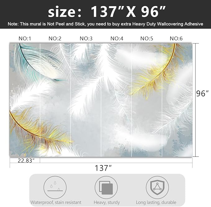 -Gold Modern Feather Fabric Wallpaper Living Room Bedroom Bathroom Large Wall Mural- 137"x96"（ not Peel and Stick）