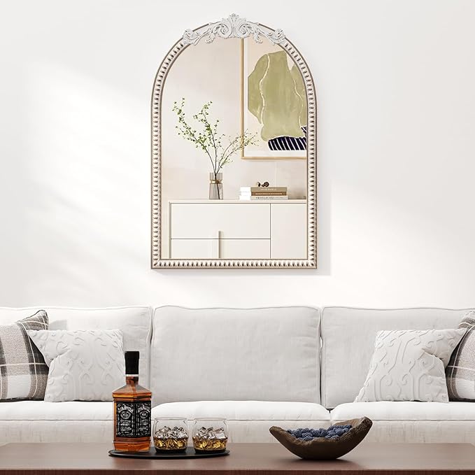 24''x36'' Arched Wall Mirror with Beads Wooden, Vintage Baroque Decorative Arch Mirrors for Entryway, Fireplace, Living Room, Hallway, Bathroom Boho Accent