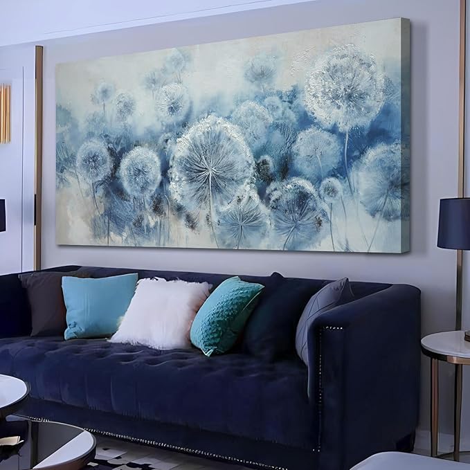 Arjun Large Wall Ar for Living Room, Dandelion Painting Flower Indigo Floral Canvas Art Wall Decor, Blue and White Textured Bedroom Artwork Framed for Home Office, Oversize 58"x29"