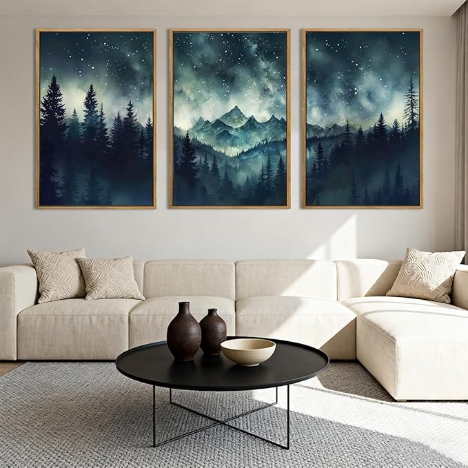 Large Misty Forest Mountain Wall Art Framed Dark Starry Sky Wall Decor Modern Wilderness Art Print for Living Room Bedroom Office 16x24 Inch Set of 3