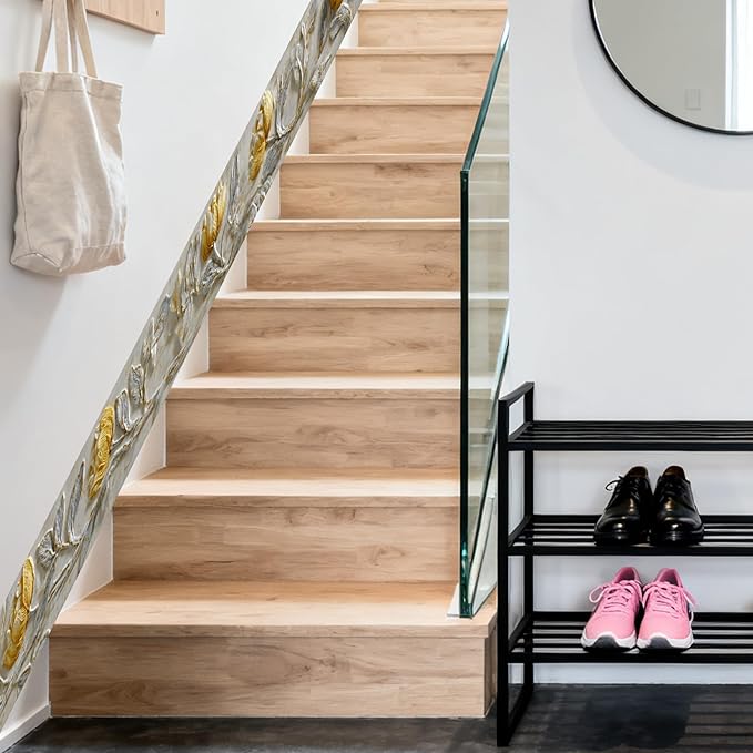 Nuxovilar Wallpaper Border Peel and Stick, Gold & White Tulip Floral Pattern Self-Adhesive Wallpaper, PVC 3.94×16.4 Ft, Ideal for Bedroom, Dining Room, Luxury Decor