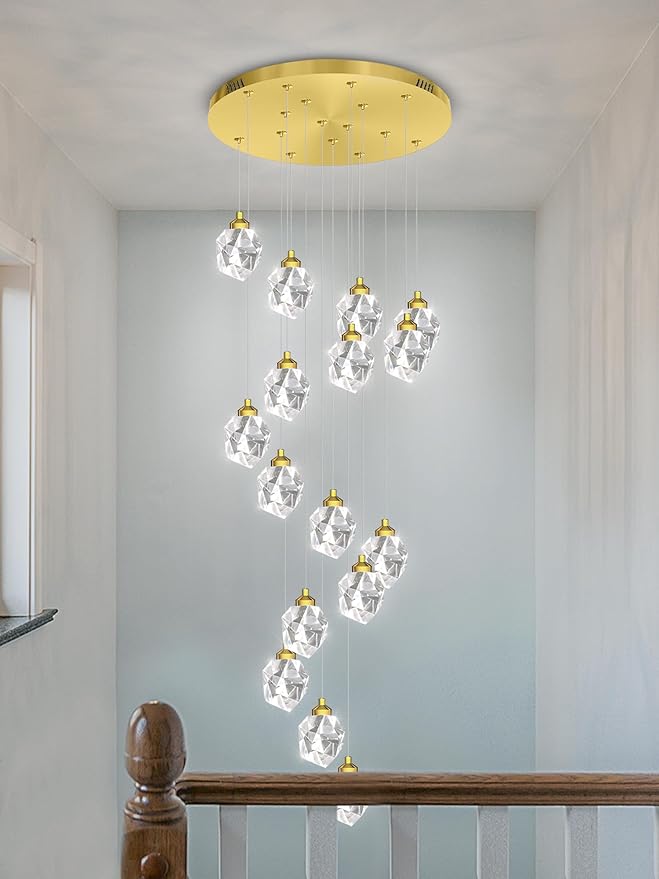 16-Lights Gold Long Spiral Staircase Crystal Chandelier 130 inch Foyer Entrance High Ceiling Chandelier Lighting LED Dimmable 3000-6000K