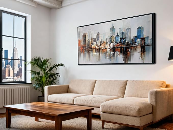 Arjun NYC Skyline Wall Art Framed Canvas Modern New York Abstract Cityscape Painting, Brooklyn Bridge Textured Picture for Living Room Bedroom Home Office Wall Decor, Large Black Wood 40"x20"