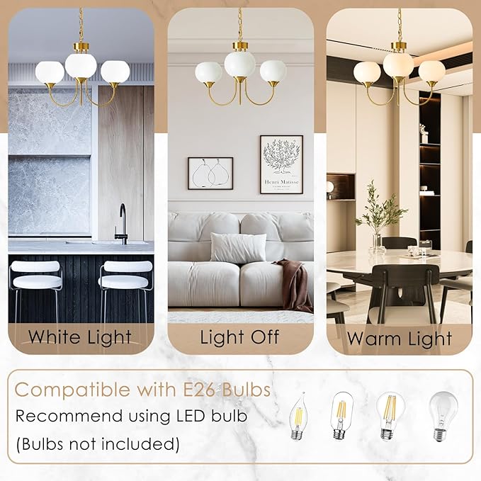 Modern Globe Chandelier 3 Light Mid Century White Milk Glass Vintage Sputnik Chandeliers Gold Pendant Light Fixtures for Dining Room Kitchen Living Room Bedroom