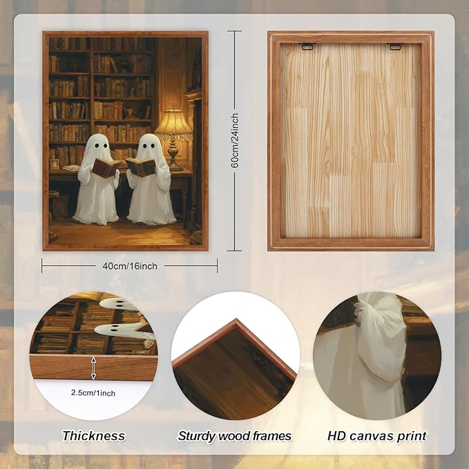 LHIUEM 16”X24”X3-Large Halloween Ghost Framed Wall Art Funny Ghosts Canvas Wall Decor Halloween Gothic Spooky Inspired Cute Ghosts Framed Pictures Vintage Creepy Ghost Artworks for Library Home Office