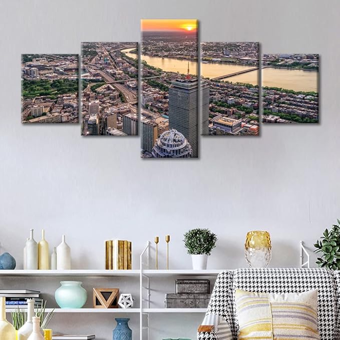 5 Piece Boston Skyline Black and White Wall Art Cityscape Skyscraper Panoramic Poster Prints on Canvas Boston Dusk Landscape Wall Decoration for Living Room Home Decor Ready to Hang (50"Wx24"H)