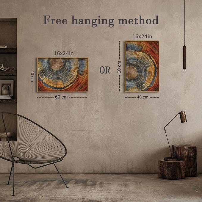 BingruiArt Framed Tree Ring Canvas Wall Art Red and Gold Abstract Wood Wall Decor Boho Modern Colorful Nature Prints Pictures Poster for Living Room Bedroom Bathroom Office 16"x24" Natural Framed(03)