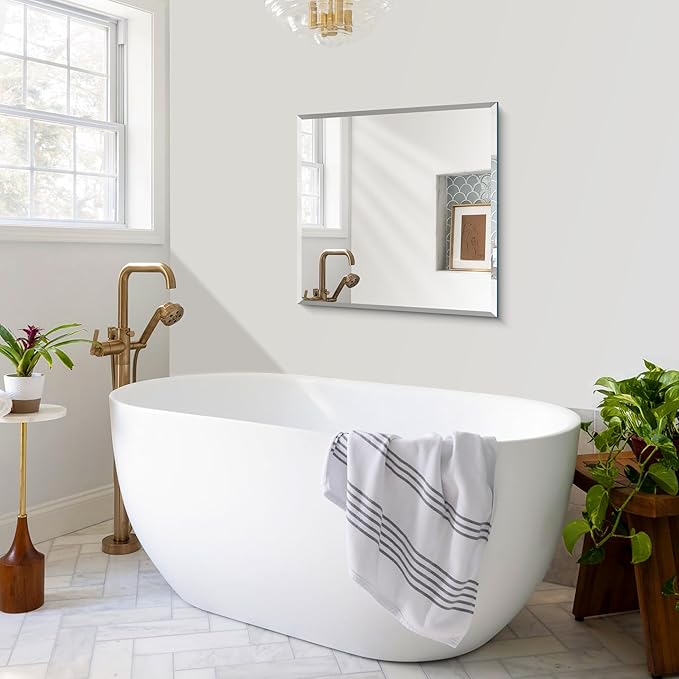 Beveled Mirror, 24x24 inch Square Bathroom Mirrors for Wall, Upgraded Shatterproof Frameless Vanity Mirror Over Sink with Beveled Edge for Bathroom,Bedroom,Living Room and Entryway