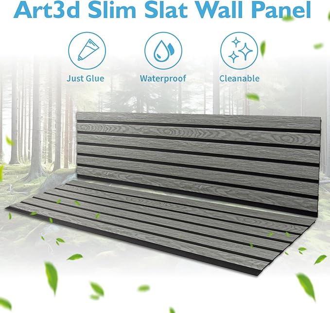 Art3d 4-Pack Glue-On Six-Grid Wainscoting Panel for Interior Wall Decor - 104 x 12 Inch Polystyrene Ultralight Slim Slat Wall Panels for Living Room Bedroom, Ash
