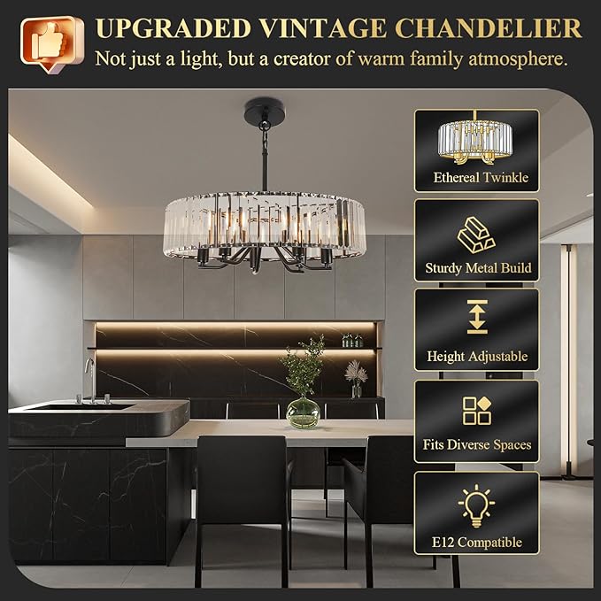 Black Crystal Chandelier for Dining Room, 6-Light Modern Semi Flush Mount Chandelier Lighting Fixtures,Round Kitchen Hanging Drum Pendant Lights Ceiling for Bedroom Entryway Foyer, E12 Base, 19.7Inch