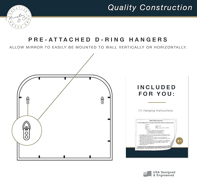 MCS Master & Co. Modern Metal Large Wall Mirror, Minimalist Home Decor Mantle Arch Mirror for Living Room, Bedroom, or Bathroom, 36 by 32 Inch, Brass