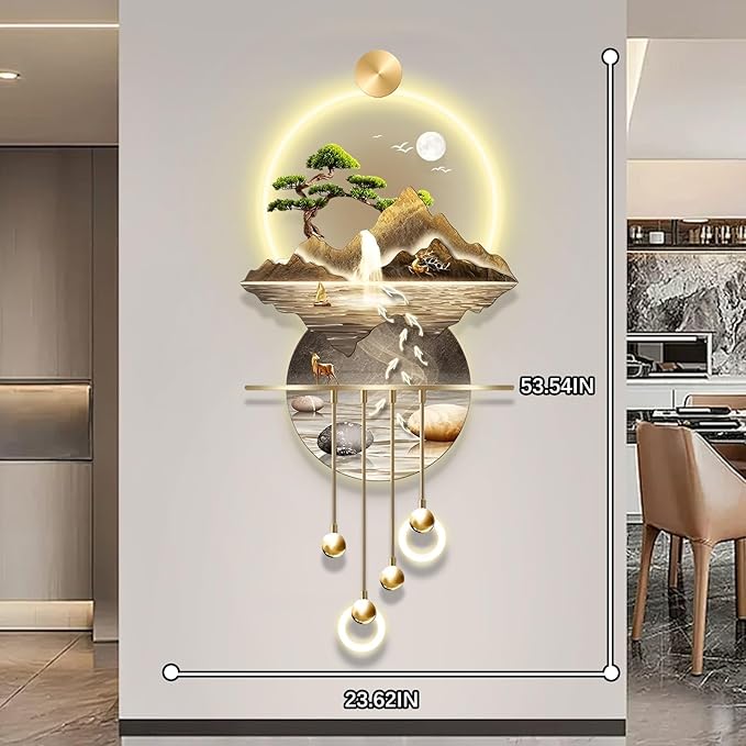 23.64x53.54IN 3D Wall Sculptures Hanging with Led Light Modern Art Deco Lighting Wall Art Decorations Lamp Wall Art Decor with Metal Ball Pendant for Friends(Yellow 1)