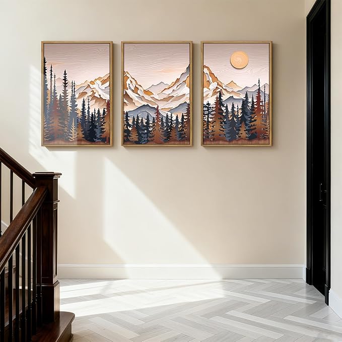 Anyzal Large Mountain Wall Art Pine Tree Forest Wall Decor Modern Abstract Mountain Range Painting Set of 3 for Living Room Bedroom Office 16x24 Inch
