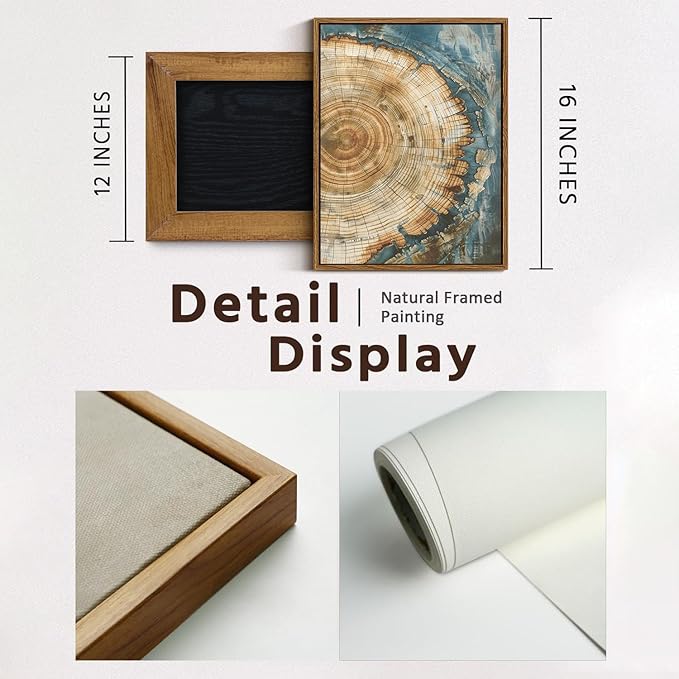 BingruiArt Framed Tree Ring Canvas Wall Art Abstract Wood Wall Decor Boho Modern Colorful Nature Painting Wood Stump Prints Pictures for Living Room Bedroom Bathroom Office 12"x16" Natural Framed(08)