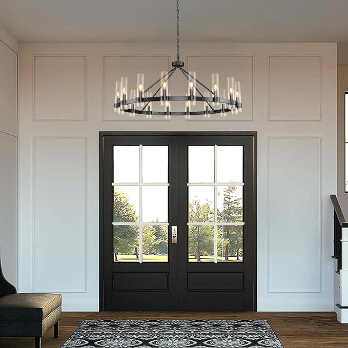 Black Wagon Wheel Chandelier, 48" Modern Chandeliers with Glass Shade, 16-Light Large Chandelier for High Ceiling, Farmhouse Chandeliers for Dining Room, Living Room, Foyer, Stairway(Bulbs Included)