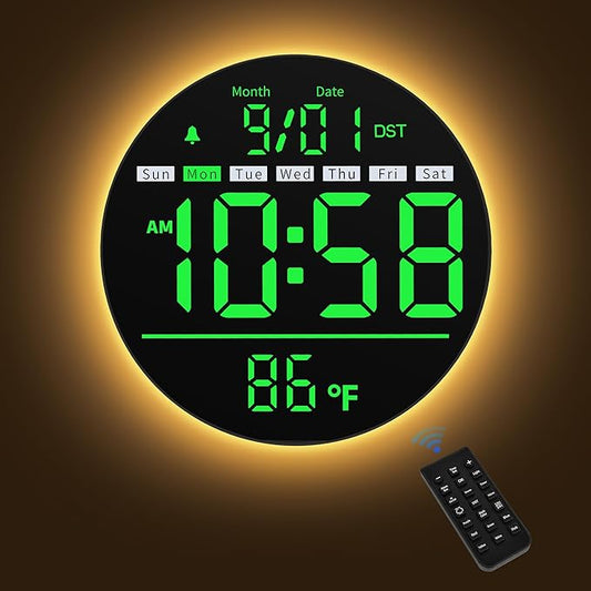 Maxstar Led Digital Wall Clock with Timer, Seconds, Temperature, Date, DST, Nightlight, RGB Color, Alarm Clock, 5-Level Display Brightness, Digital Clock Timer for Classroom, Bedroom, Garage, Green