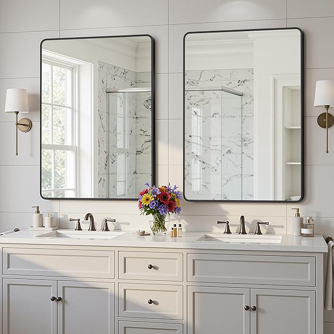 Antok 2PCS Wall Mirror, 24"x36" Bathroom Vanity Mirror, Anti-Rust HD Tempered Glass, Wall Mounted Mirrors for Living Room, Entryway, Black Frame, Rect