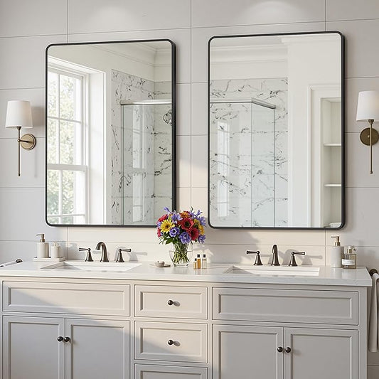 Antok 2PCS Wall Mirror, 24"x36" Bathroom Vanity Mirror, Anti-Rust HD Tempered Glass, Wall Mounted Mirrors for Living Room, Entryway, Black Frame, Rect