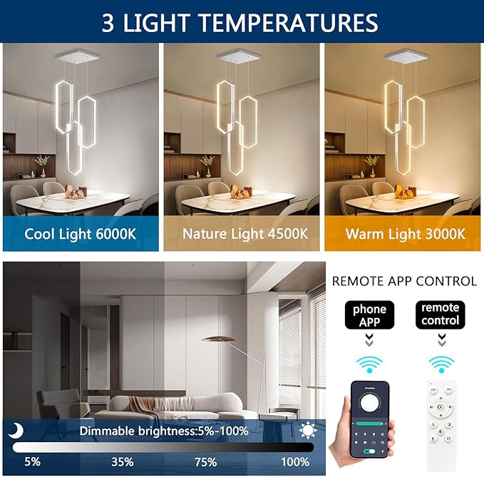 3 Rings Modern Chandelier LED Dimmable Pendant Lighting Adjust Ceiling Light for Dining Room Foyer Lobby Living Room Staircaes Silver