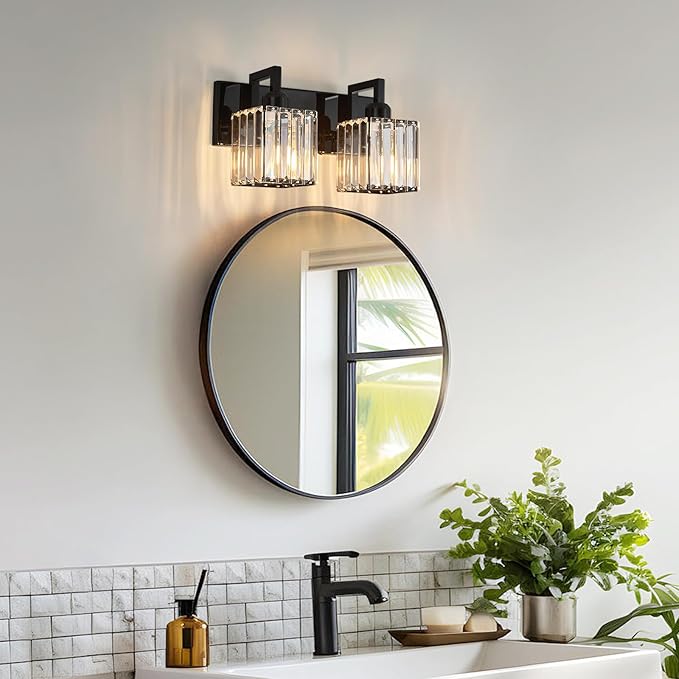 Modern Bathroom Vanity Light 2-Lights Plating Black Vanity Light Crystal Wall Light Bathroom Light Fixtures