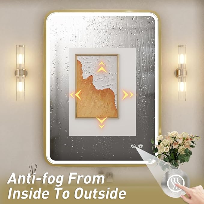 28x36 Inch LED Bathroom Mirror with lights,Wall Mounted Lighted Vanity Mirrors with Non-Rusting Gold Metal Frame Anti-Fog Memory Funtion Stepless Dimmable for Bathroom Decor(Horizontal&Vertical)