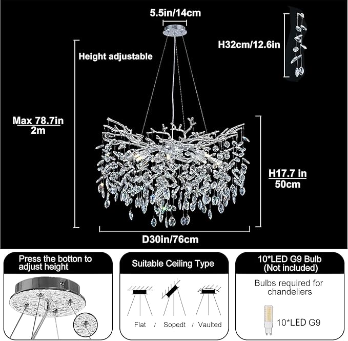 Modern Round Crystal Chandeliers, 30" Crystal Chandeliers for Dining Room,Silver Tree Branches Chandelier, for Living Room,High Ceiling,Foyer,Entryway,Kitchen Island