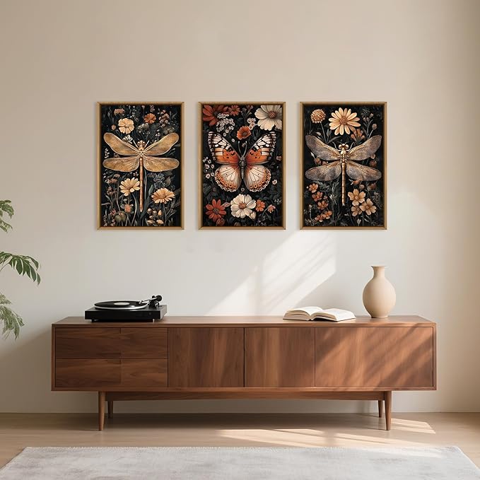 Large Vintage Butterfly and Dragonfly Wall Decor Framed Canvas Wall Art,Retro Blossom Leaf Wall Decor,Dark Insect Plant Artwork,Moody Animal Floral Art Print for Living Room,Bedroom- 16"x24"x3
