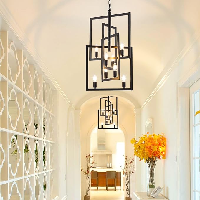 Black Farmhouse Chandelier, 8-Light Lantern Pendant Light Fixtures, Rustic Industrial Foyer Lighting Fixtures, Large Chandeliers for High Ceilings, for Kitchen Island, Hallway, Staircase, Entryway