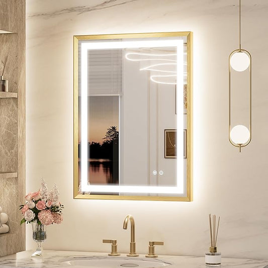 Keonjiinn 24 x 32 Inch LED Bathroom Mirror with Frontlit & Backlit, Gold Lighted Bathroom Vanity Mirror, Metal Framed Beveled Edge, UL Listed LED Driver, Tempered Glass, 3 Color Lights, Safe Defogging