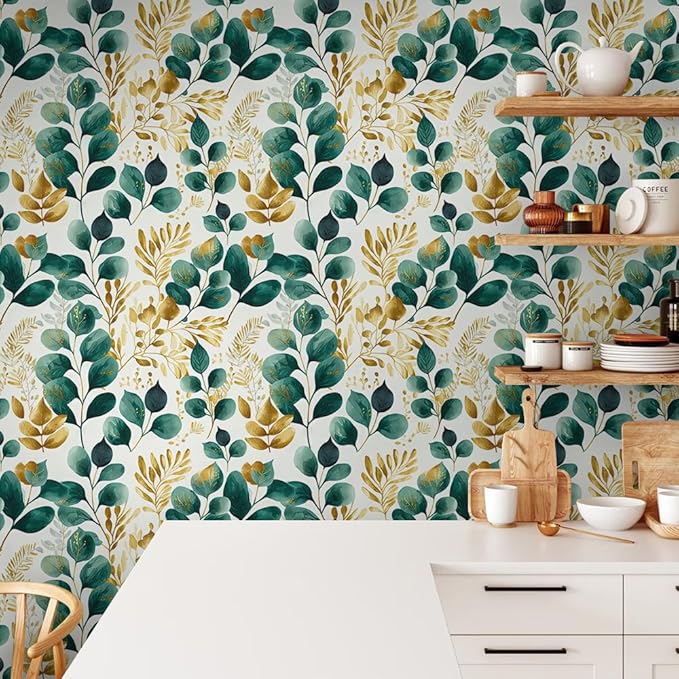 Modern Watercolor Green Golden White Plants Leaf Botanical Peel and Stick Wallpaper Wall Decor Self Adhesive Wall Paper Stick on Easy Peel Off Contact for Renter Apartment