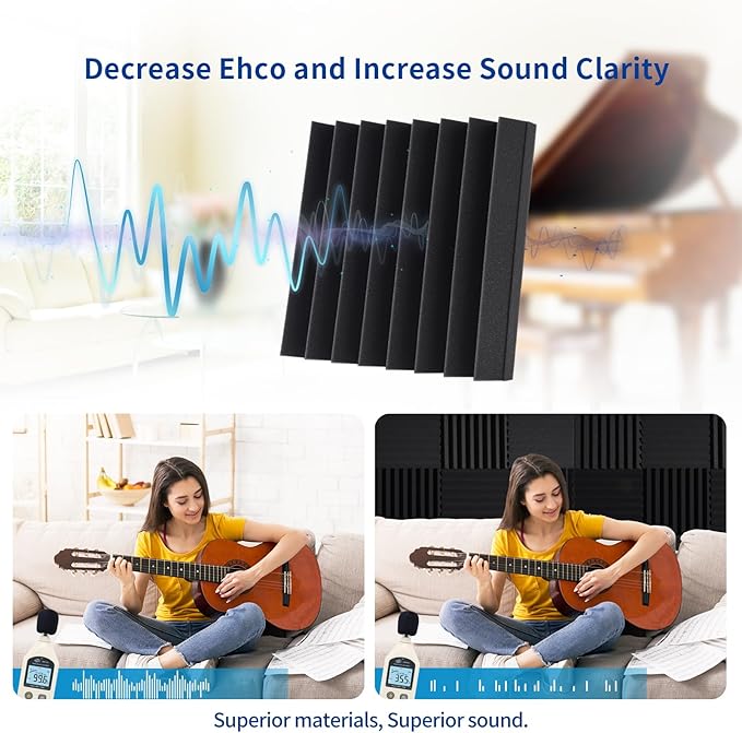 56 Pack Sound Proof Panels for Walls, 2" X 12" X 12" Wedges Acoustic Foam, High Density Acoustic Panels, Soundproof Wall Panels for Home Studio Sound Absorption and Decoration, Black