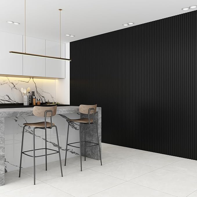 8-Pack WPC Wall Panels 108’’ x 6.3’’ 3D Slat Wall Panel Acoustic Wall Paneling for Interior Wall Decor TV Background Kitchen Bedroom Black