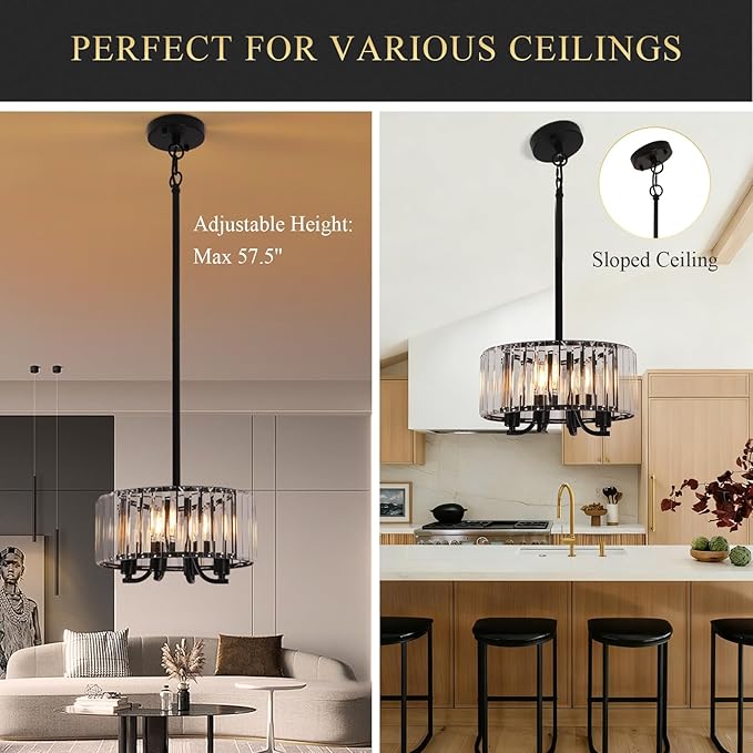 Black Crystal Chandelier, 4-Light Small Modern Semi Flush Mount Ceiling Chandelier Light Fixtures,Round Hanging Lighting Fixture for Bedroom Living Room Kitchen Hallway Entryway, E12 Base, 11.6 Inch