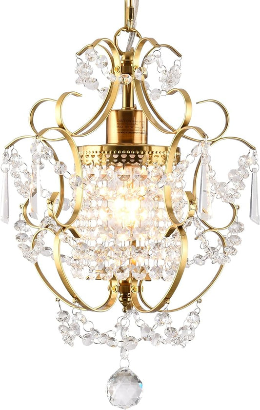 Modern Gold Mini Chandelier, Crystal Light Fixtures Ceiling Mount 1 Light Small Crystal Chandeliers for Bedroom Elegant Crystal Pendant Lighting for Girls Room Dining Room Closet Kitchen Island