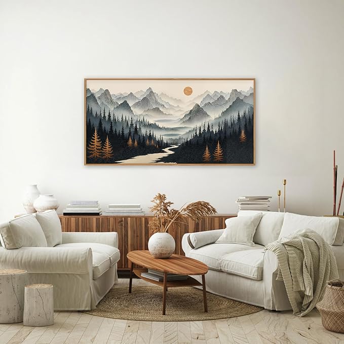 Ausril Watercolor Misty Forest Framed Canvas Wall Art Set, Foggy Mountain Wall Decor, Misty Pine Tree Wall Painting, Large Nature Landscape Art Prints for Living Room, Bedroom, Office - 20"X40"