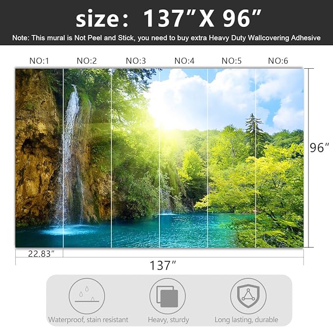 -Green Lake Waterfall Scenery Fabric Wallpaper Living Room Woodland Forest Mountain Bedroom Bathroom Large Wall Mural- 137"x96"（ not Peel and Stick）