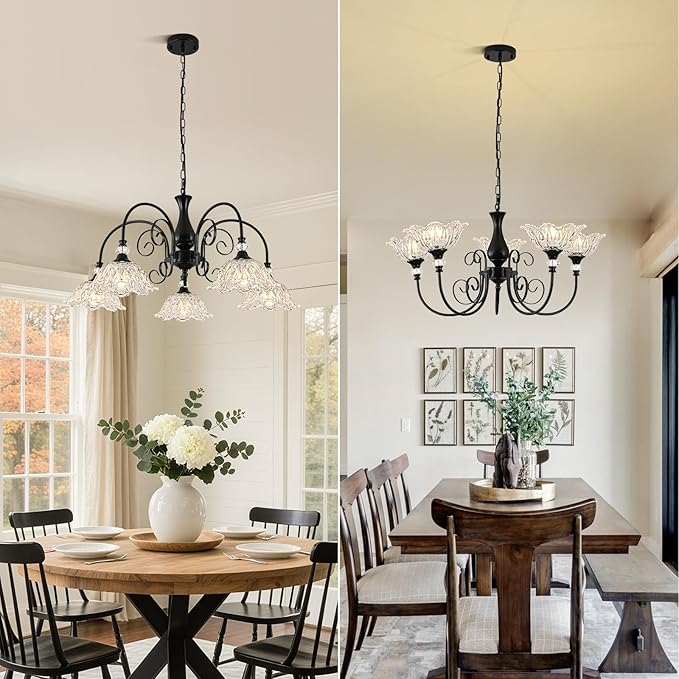 5-Light Chandeliers in Matte Black Finish with Crystal Glass Shades, Farmhouse Chandelier Light for Dining Room,Hallway,Kitchen