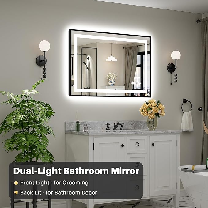 44x30 Inch LED Bathroom Mirror with Black Frame, Backlit & Front Lit, Anti-Fog Lighted Bathroom Vanity Mirror for Wall, Memory Function, Dimmable, HD Tempered Glass, Shatter-Proof